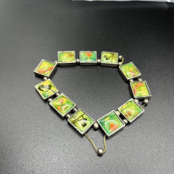 Vintage Resin Art Tile Bracelet Tropical Beach Summer Floral Silver Tone *BROKEN - Picture 4 of 6